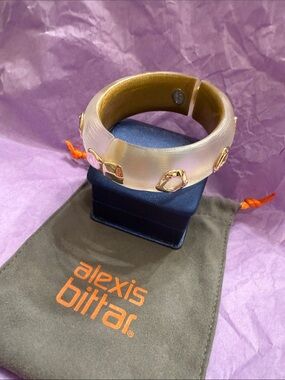Alexis Bittar Translucent Cream Lucite Bangle with Gold and Pink Accents